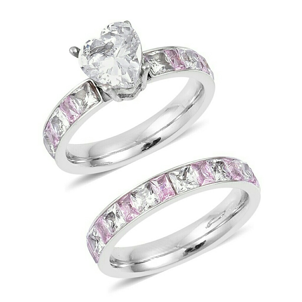 Set of 2 pink sapphire, diamond st. steel Rings